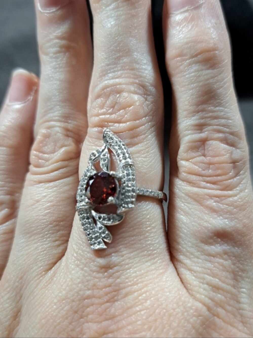 925 Silver Rhodolite Garnet with Cubic Zurconias Contemporary Ring VG+ 8